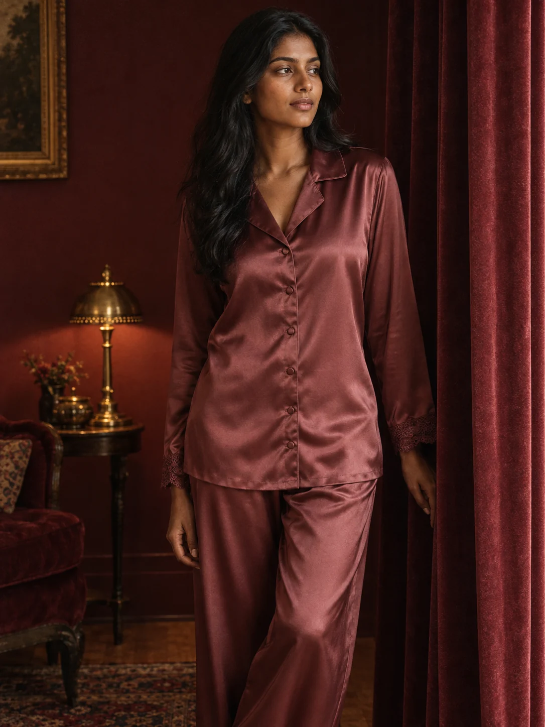 AI-created adult Indian model in rosewood satin pajamas
