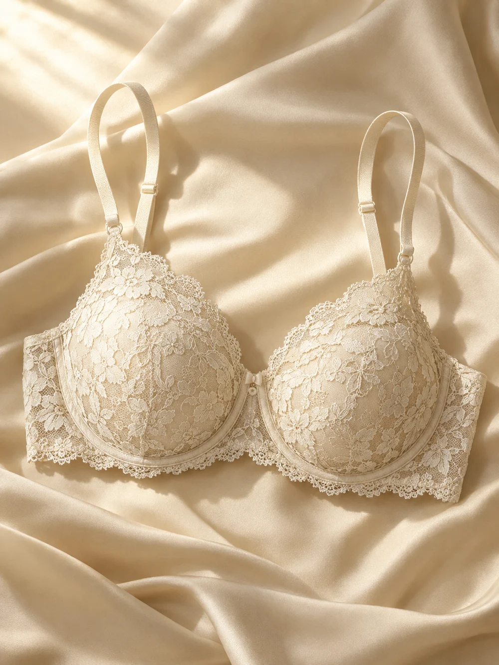Illustrative ivory lined lace bra on cream silk