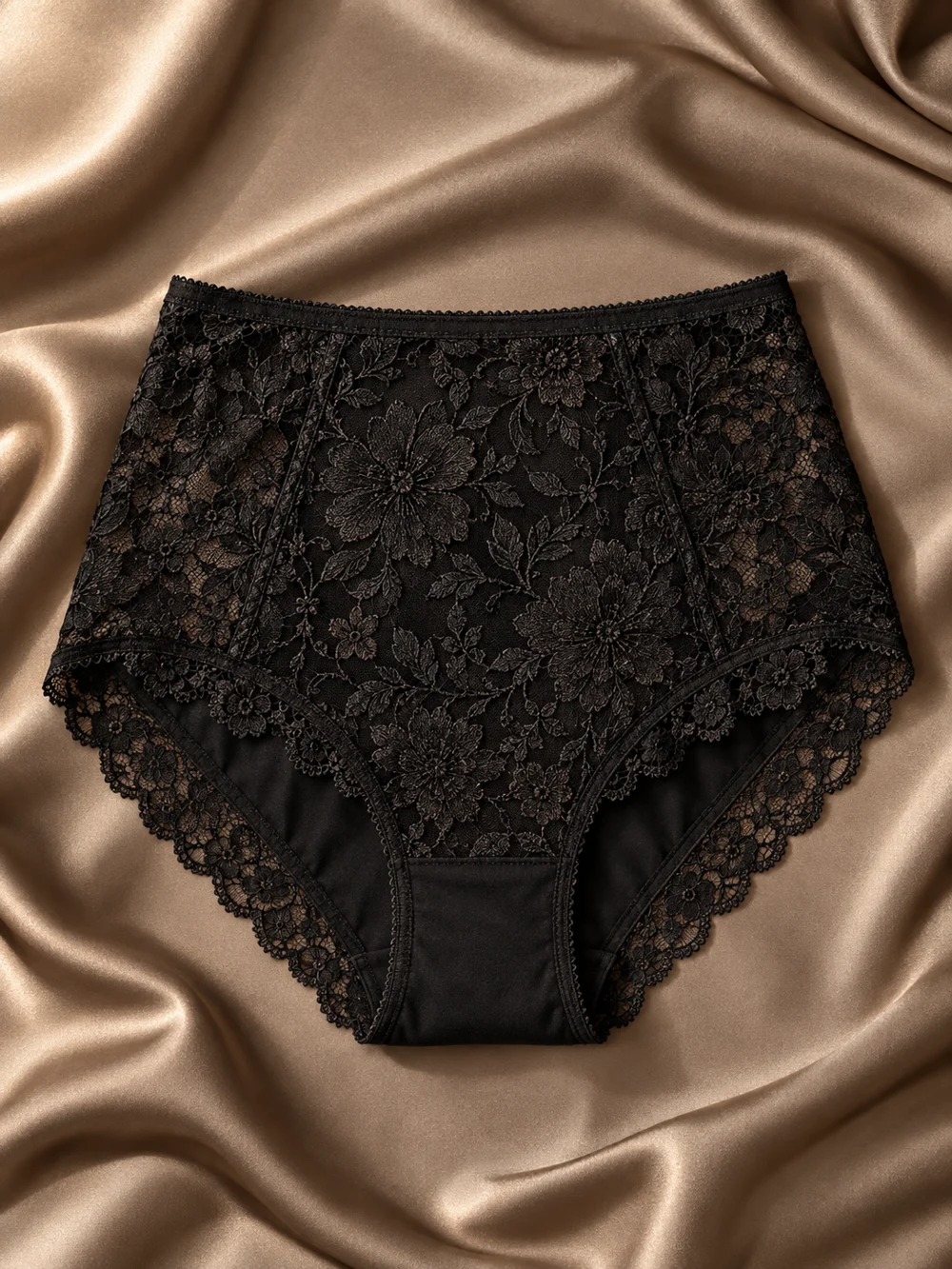 Illustrative black lined lace briefs on taupe satin